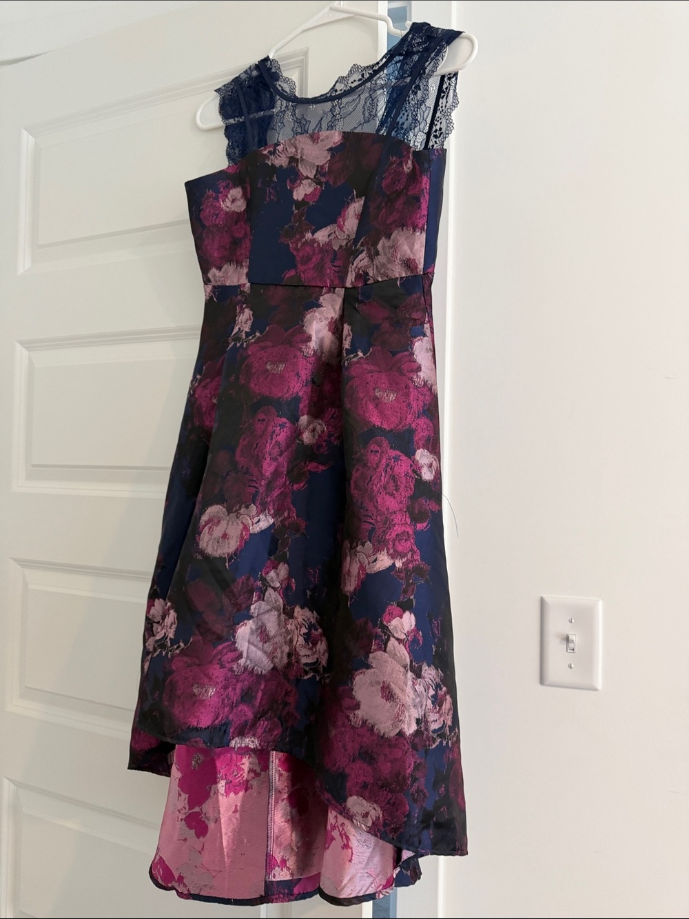 Rare Editions Navy Floral Lace High-Low Formal Dress - Pink & Purple Flowers
